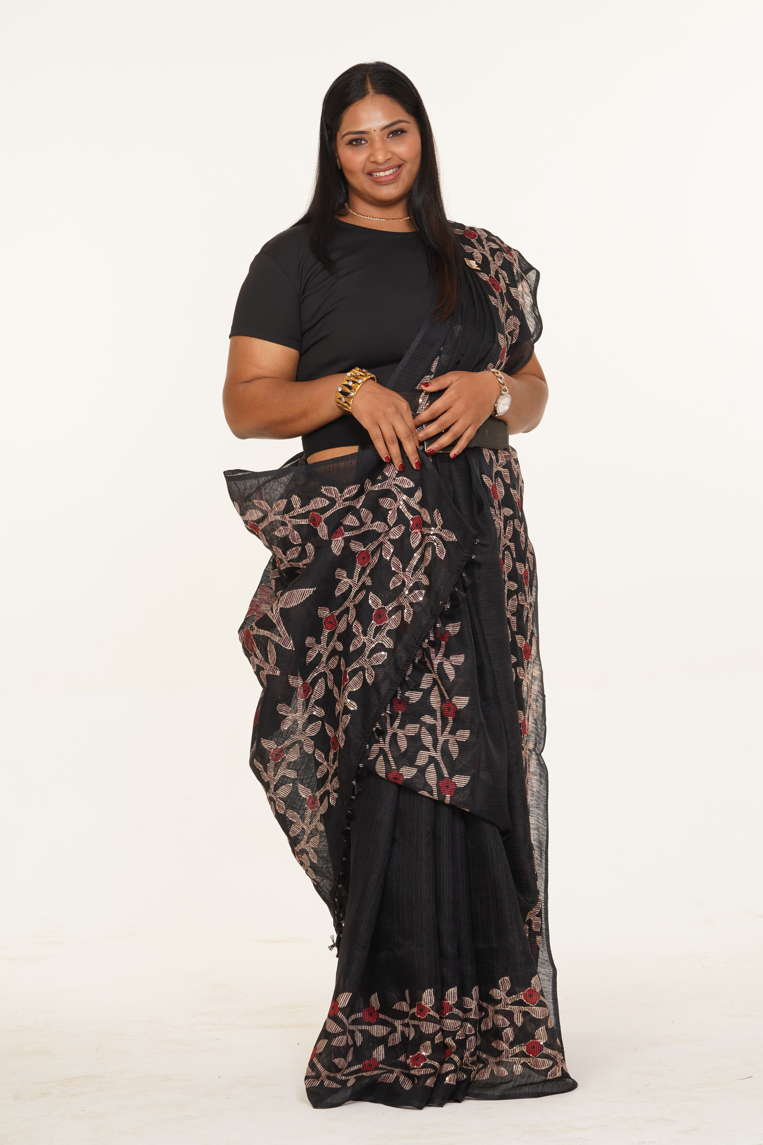 Kala Pushpa Floral Blooming Cotton Saree - Black