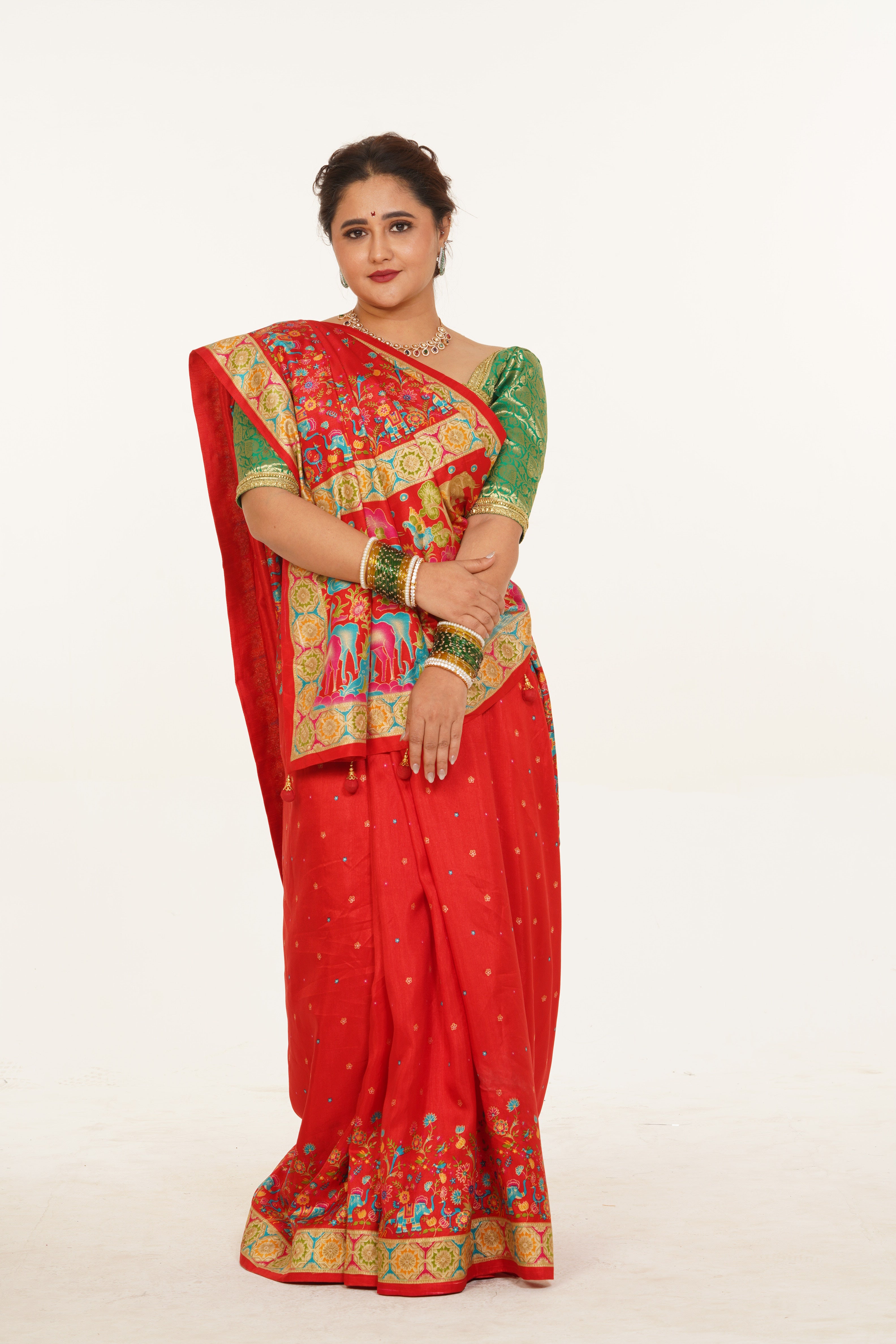 Crimson Katha Silk Printed Saree - Red