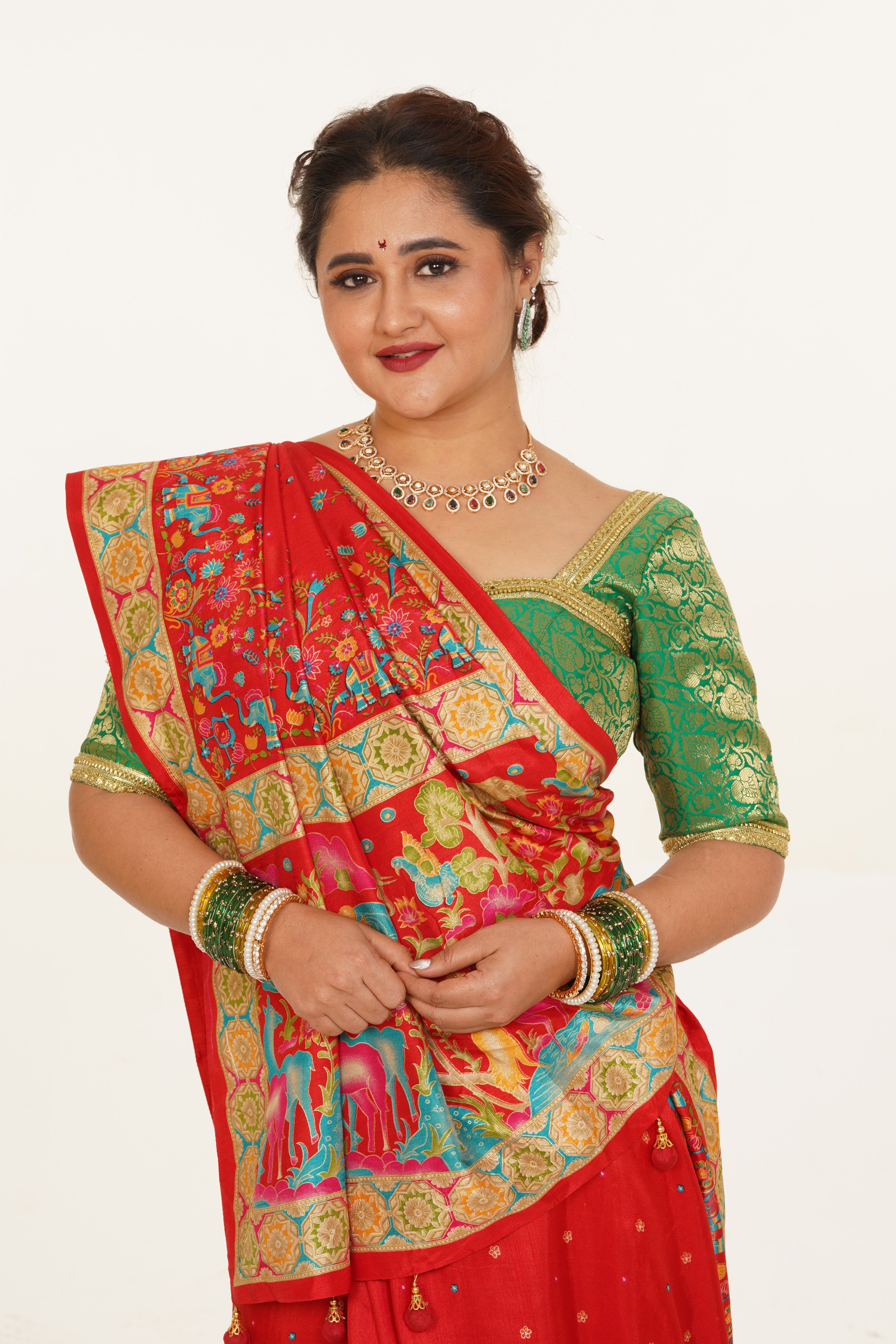 Crimson Katha Silk Printed Saree - Red