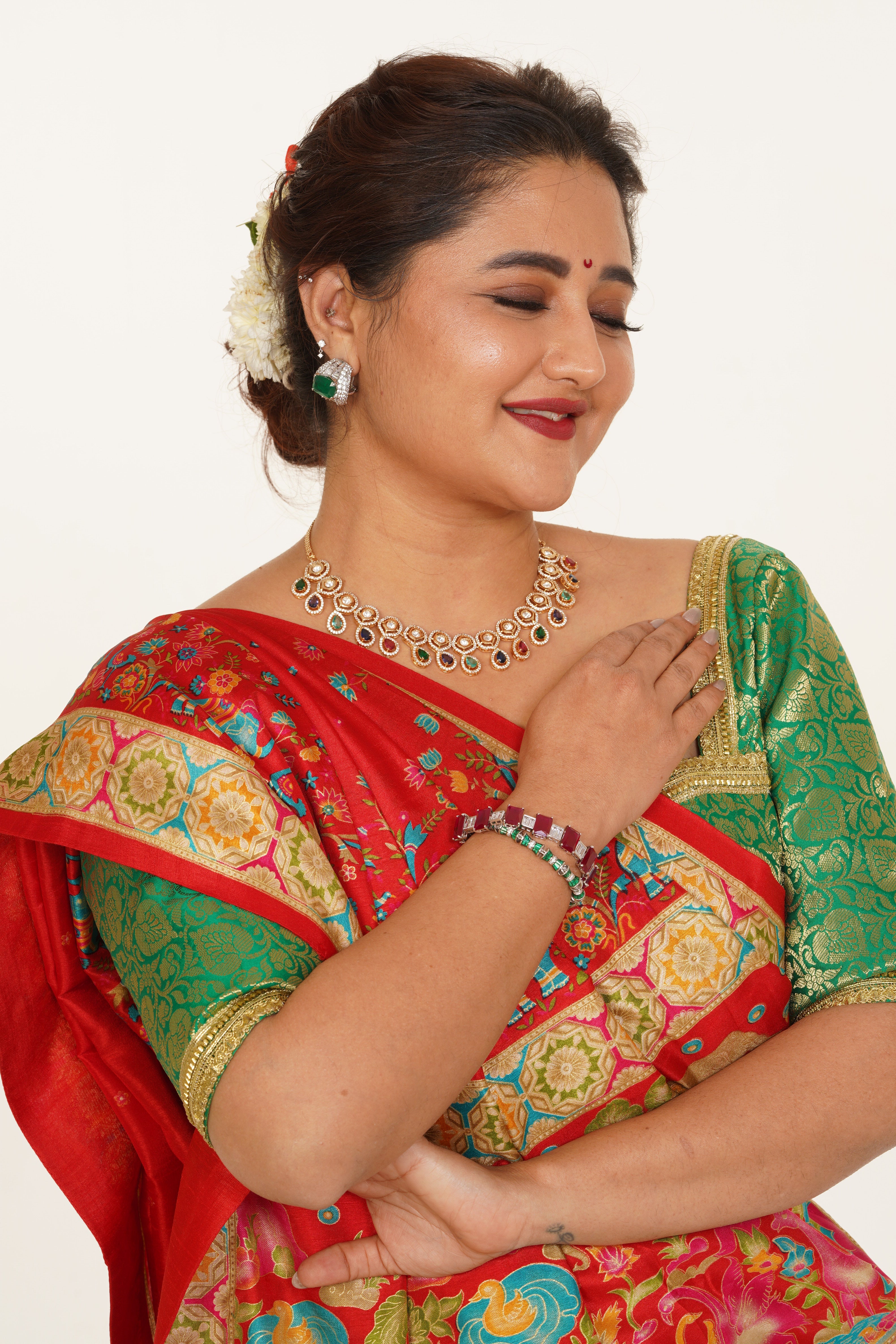 Crimson Katha Silk Printed Saree - Red