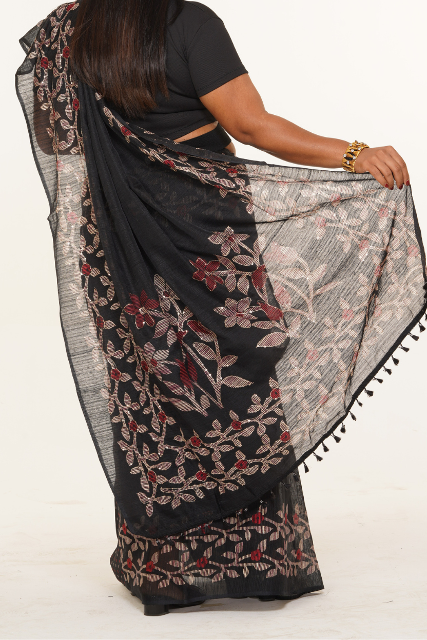 Kala Pushpa Floral Blooming Cotton Saree - Black