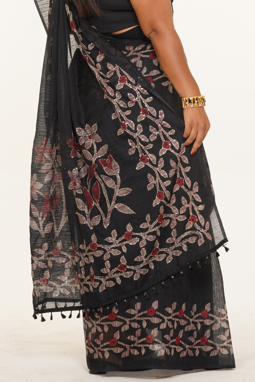 Kala Pushpa Floral Blooming Cotton Saree - Black