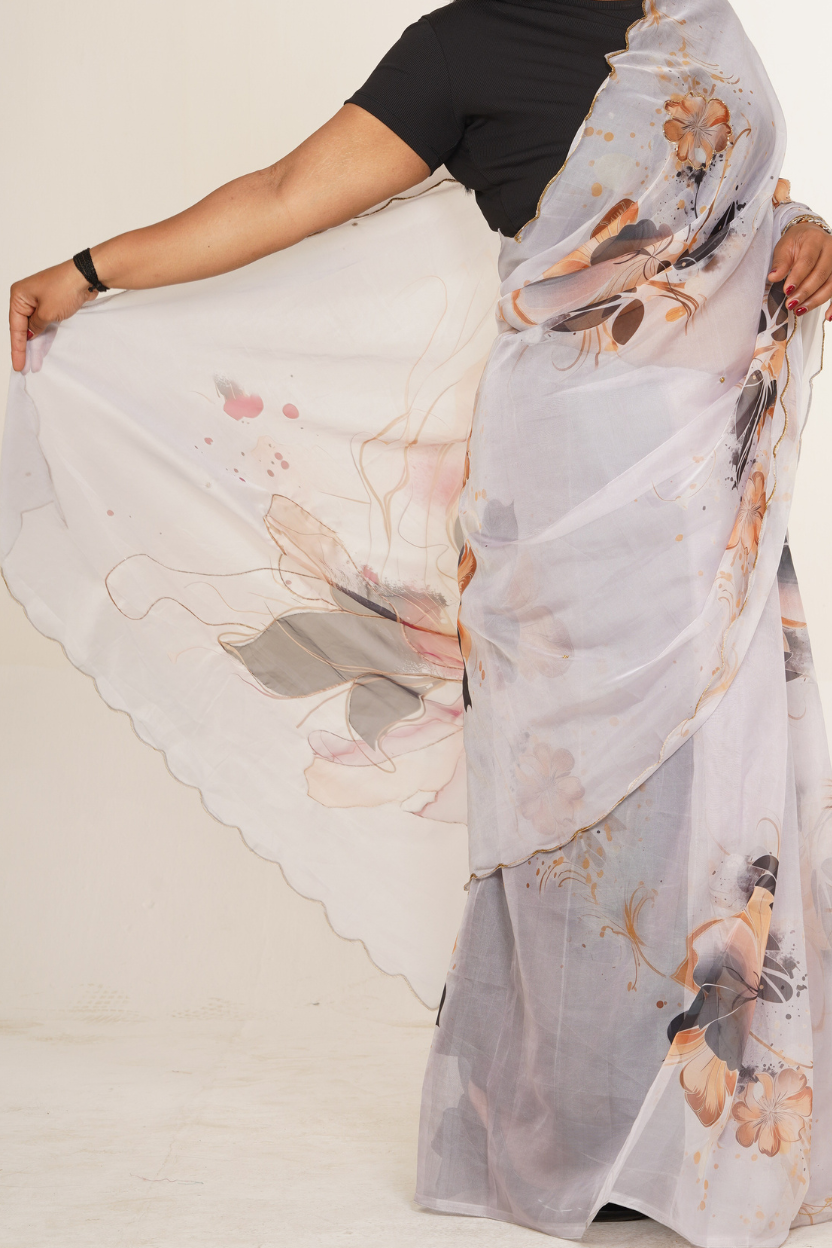 Yukti Floral Organza Saree - White