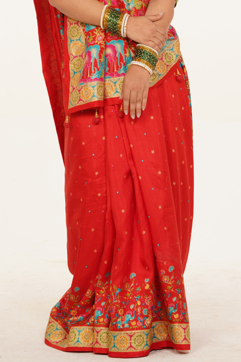 Crimson Katha Silk Printed Saree - Red